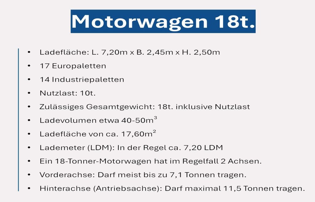 Abmessung 18t Lkw mit 10t Nutzlast Lkw Motorwagen 18t (10t Nutzlast): Kapazität für 17 Europaletten oder 14 Industriepaletten bei 7,20 Lademeter