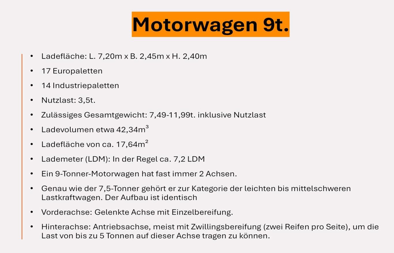 Abmessung und Kapazität 9t Lkw Lkw Motorwagen 9t: Nutzlast 2,8t, Gesamtgewicht 7,49t, Ladevolumen 35,28m³ und 6 Lademeter