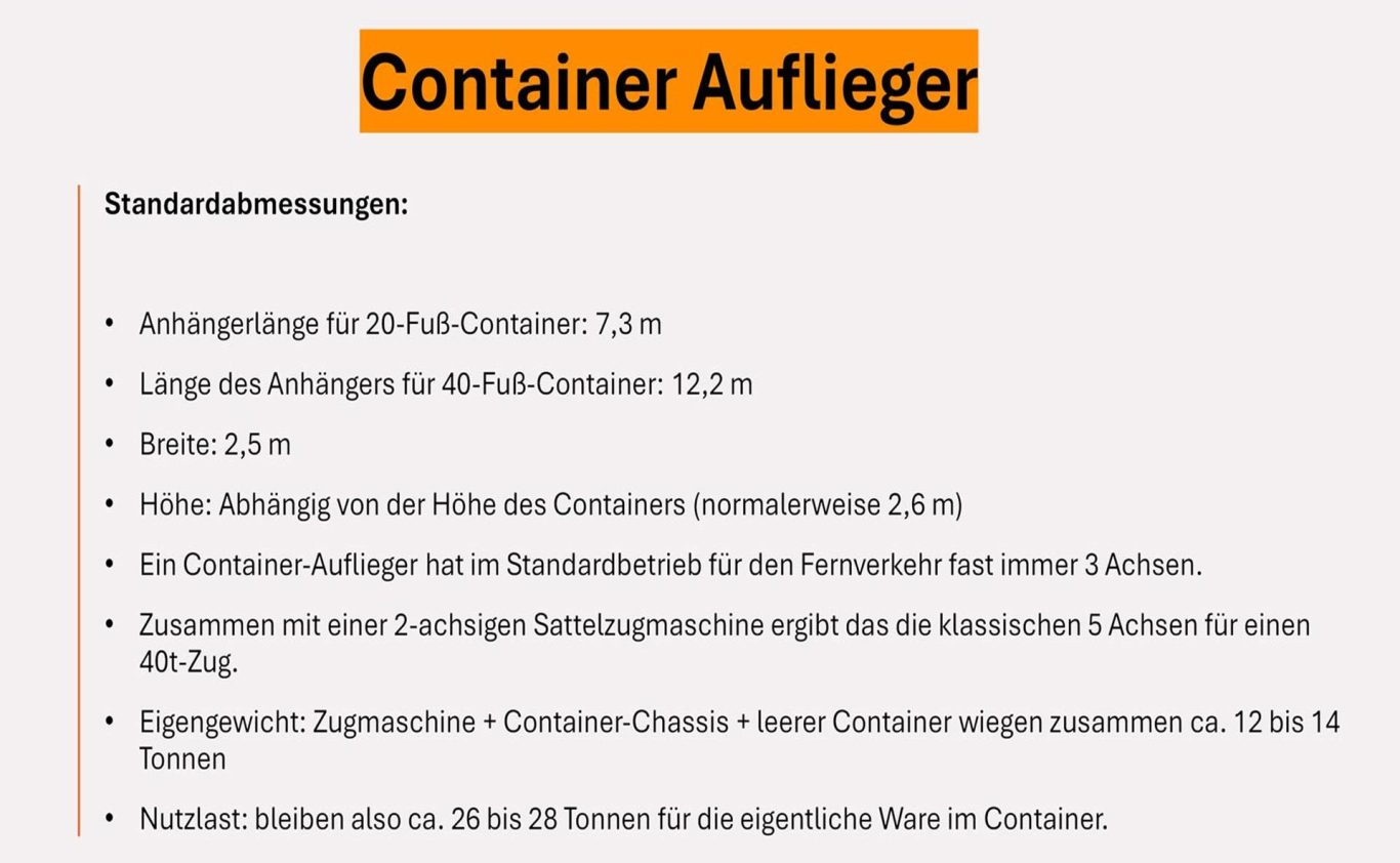 Container-Auflieger Chassis 3-Achs-Container-Auflieger mit Sattelzugmaschine: Übersicht zu Eigengewicht, Nutzlast und Achslast für 40t-Züge