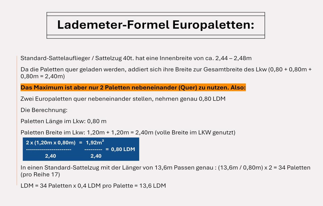 Lademeter-Formel Europaletten Lademeter-Formel zur Lkw-Berechnung für Europaletten (1,20m x 0,80m)