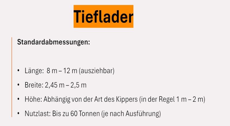 Daten und Maße Tieflader Schwertransport-Tieflader: Abmessungen von 8m bis 12m ausziehbar und Nutzlast bis zu 60 Tonnen